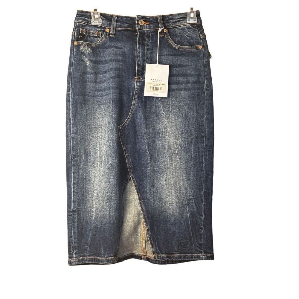 Kancan new with tags denim skirt knee length with slit up the middle distressed